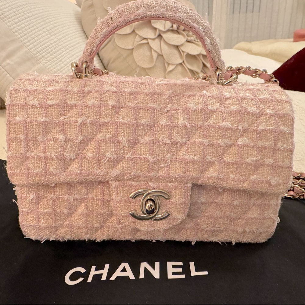 🩶Sold🩶 Chanel Tweed Mini Top Handle Rectangular Flap Bag Pink